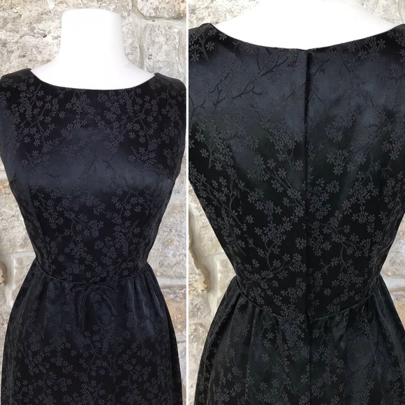 Vintage 50s Black Floral Brocade Dress Set with Kitten Bow Waist Audrey Hepburn - Picture 5 of 16